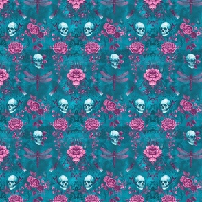 Skulls and Pink Flowers on Teal