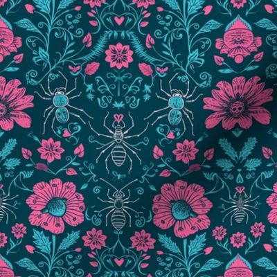 Pink Flowers and Bugs on Teal