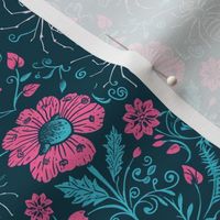 Pink Flowers and Bugs on Teal