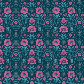 Pink Flowers and Bugs on Teal