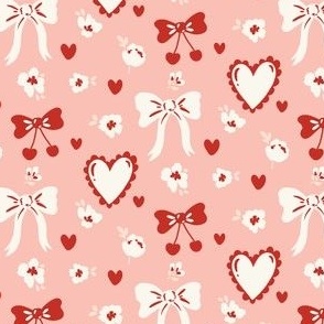 Coquette bows, hearts and cherries for valentines day / medium/ in pink, red and white for girls