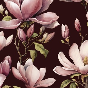 Magnolia Spring Romance Pink Blooms On Brown Large Scale