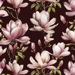 Magnolia Spring Romance Pink Blooms On Brown Medium Scale