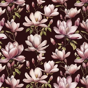 Magnolia Spring Romance Pink Blooms On Brown Smaller Scale