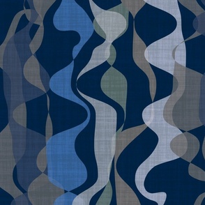 Modern Retro Wavy Stripes in Blue and Taupe on Navy Blue