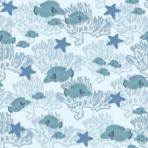 Fish Coral and Starfish on light blue fabric