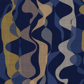Modern Retro Wavy Stripes in Blues Gold and Navy Blue