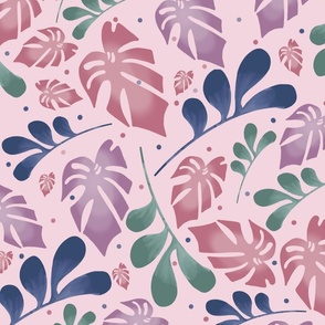Tropical leaves on pink - large