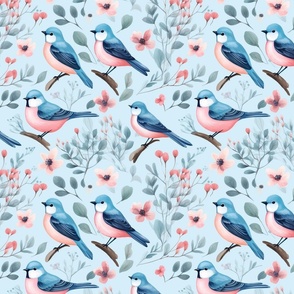 Springtime Sonata - Charming Bluebird and Floral Fabric Design