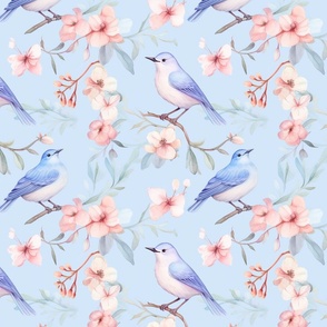 Tranquil Aviary Serenade - Soft Pastel Bird and Blossom Fabric