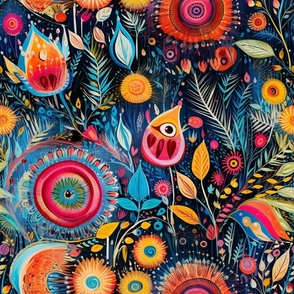 Midnight Bloom Carnival - Vivid Abstract Floral Fabric Design