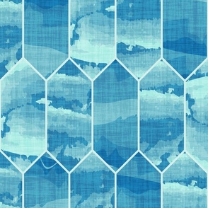 Aqua to Turquoise Blue Geometric Marble Tiles, faux tile, hexagon honeycomb