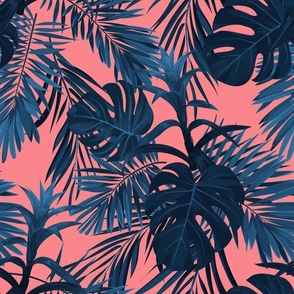 Midnight Palms: Dark Blue Tropical Elegance on Pink
