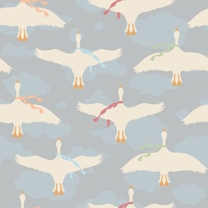 Flying White Geese in Clouds with Scarves Light (MEDIUM)