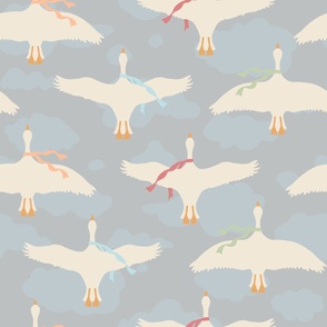 Flying White Geese in Clouds with Scarves Light (XL)