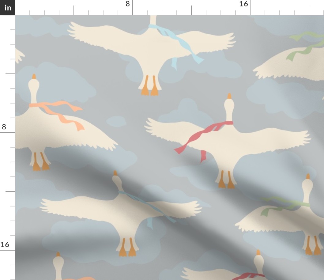 Flying White Geese in Clouds with Scarves Light (XL)