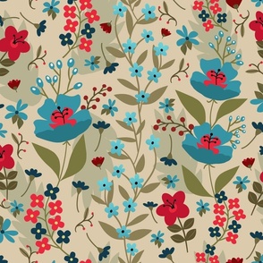 Turquoise, Red, and Navy Floral - Cream - Medium