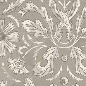 French country Florals and Leaves in Stone Gray and off white_12x12