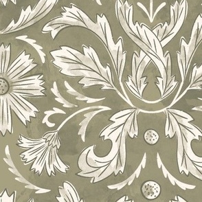 French Country Florals and Leaves in Greige Green and off white_12x12