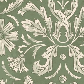 French Country Florals and Leaves in Moss Green and off white_12x12