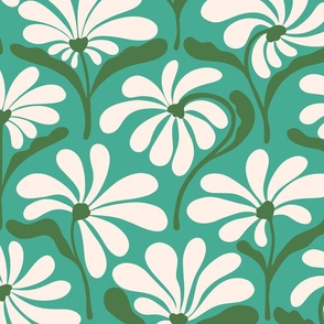Mid Century Art Deco Flowers - Green and Cream