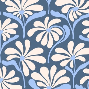 Mid Century Art Deco Flowers - Blue and Cream