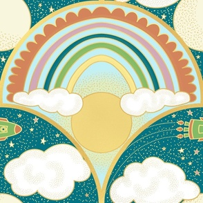 (L) Rainbows and Rockets // Gold Outline with Orange, Teal, Pink, Green, and Yellow