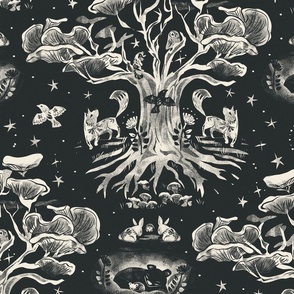 The Mushroom Tree _Whimsical Forest Biome Hidden secrets_ Monochrome Baby Animals_ sacred dark woodland shadows_CHARCOAL BLACK _-  Lino cut block print _MEDIUM  scale