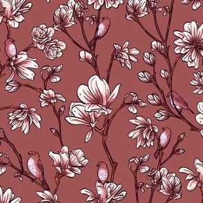 Birds and Magnolias in Red