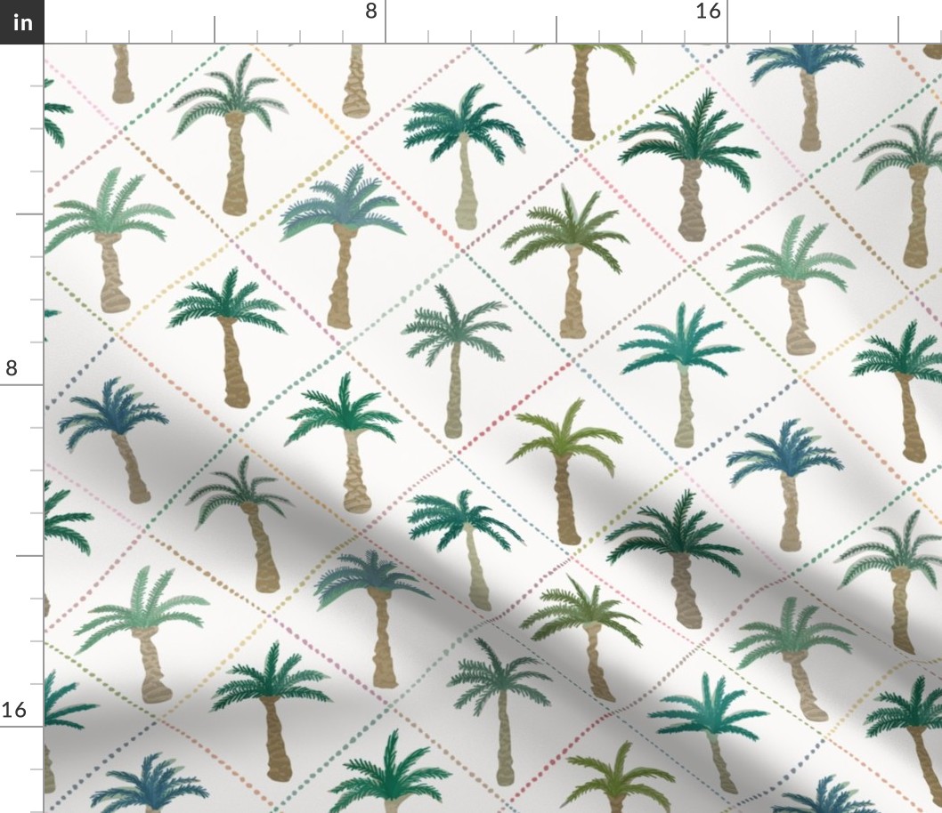 MEDIUM - Tropical forest with diamond border - greens and teals on off white