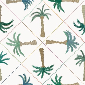 LARGE - Tropical forest with diamond border - non directional - greens and teals on off white
