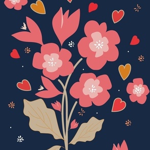 Pretty Flowers And Hearts On Rich Dark Blue.