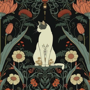 Kitty on dark art nouveau background