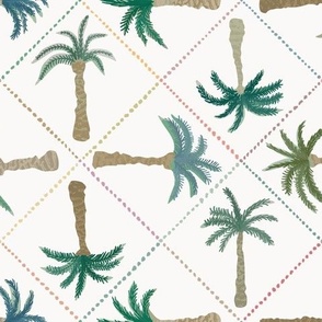 MEDIUM - Tropical forest with diamond border - non directional - greens and teals on off white
