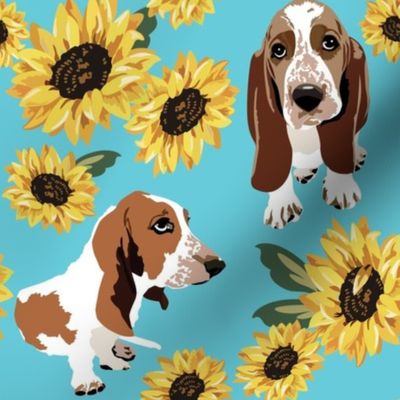 Basset Hound Dog and Sunflowers mint green background