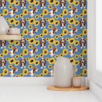 Basset Hound dog and  Yellow Sunflowers with a blue background