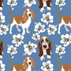 Magnolia Flowers and Basset Hound dogs white flowers floral blue background