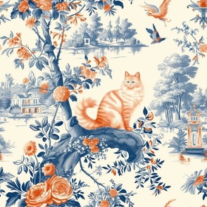 Orange cat on blue floral background