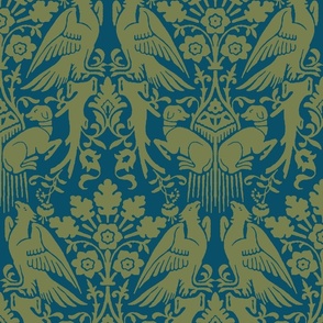 Hounds and Eagles, light olive green on peacock blue 12W