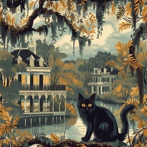 Black kitty and river mansion