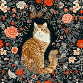 Orange kitty on dark floral background