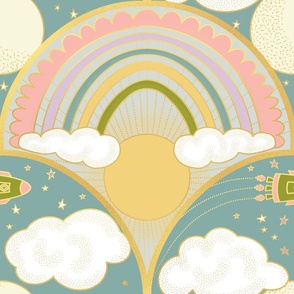 (L) Rainbows and Rockets // Gold Outline with Pink, Purple, Teal, Yellow, Green, Light Blue, and White