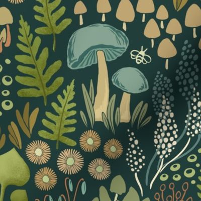 Pacific coast rainforest winter mushroom biome, dark teal background - smaller