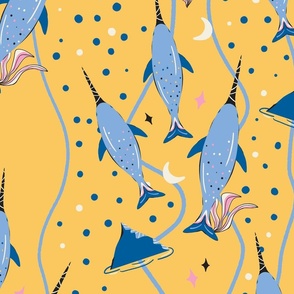 Narwhals swimming through - large - blue and yellow 