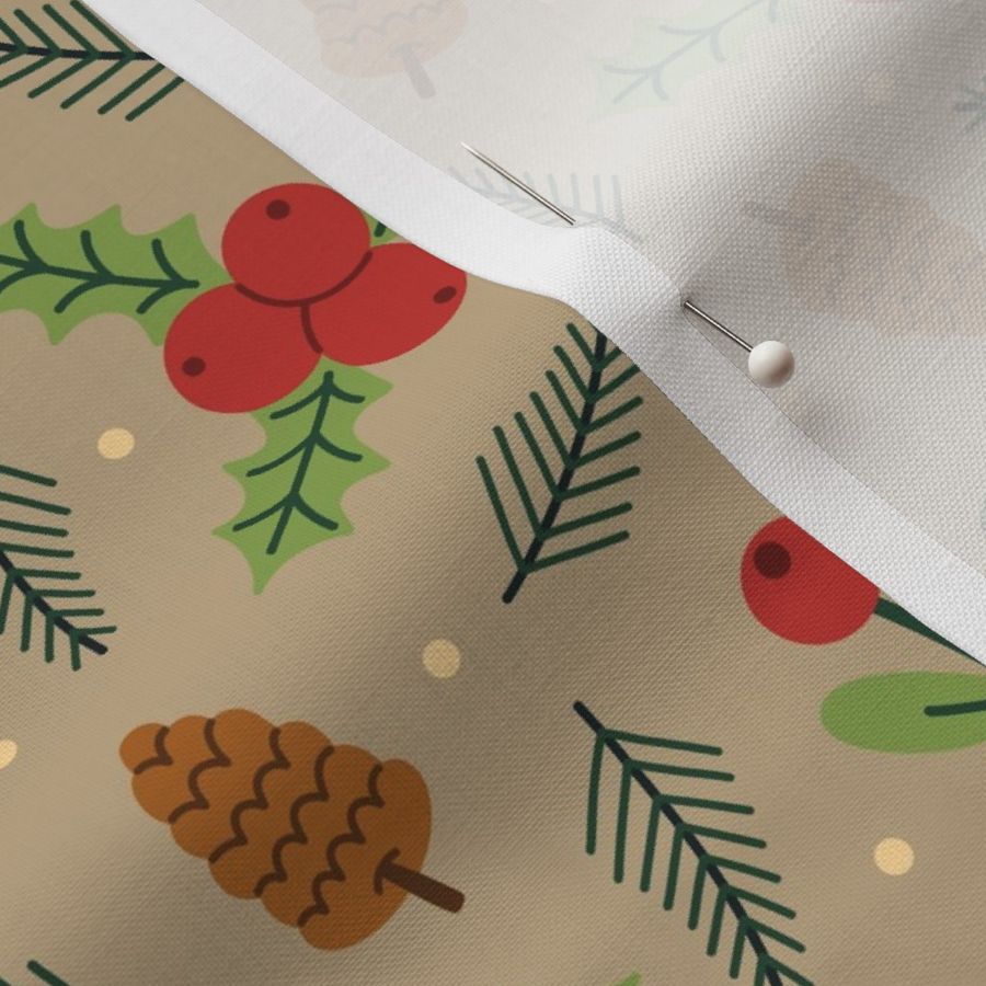 Small Christmas Holly Berries and Pine Cones on Tan