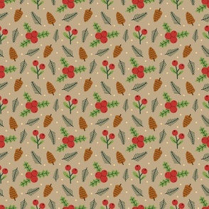 Small Christmas Holly Berries and Pine Cones on Tan