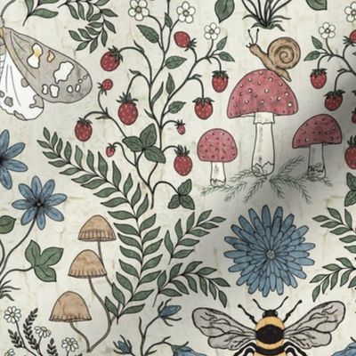 (M) Life under the tree: mushroom, bee, moth, strawberry, fern, flowers- medium scale