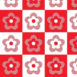Retro Checkerboard Burlap Flowers Red And White