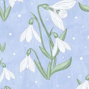 White Snowdrop flowers on soft blue