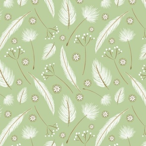 Hand-drawn Feather And Seeds Pattern On Sage Green